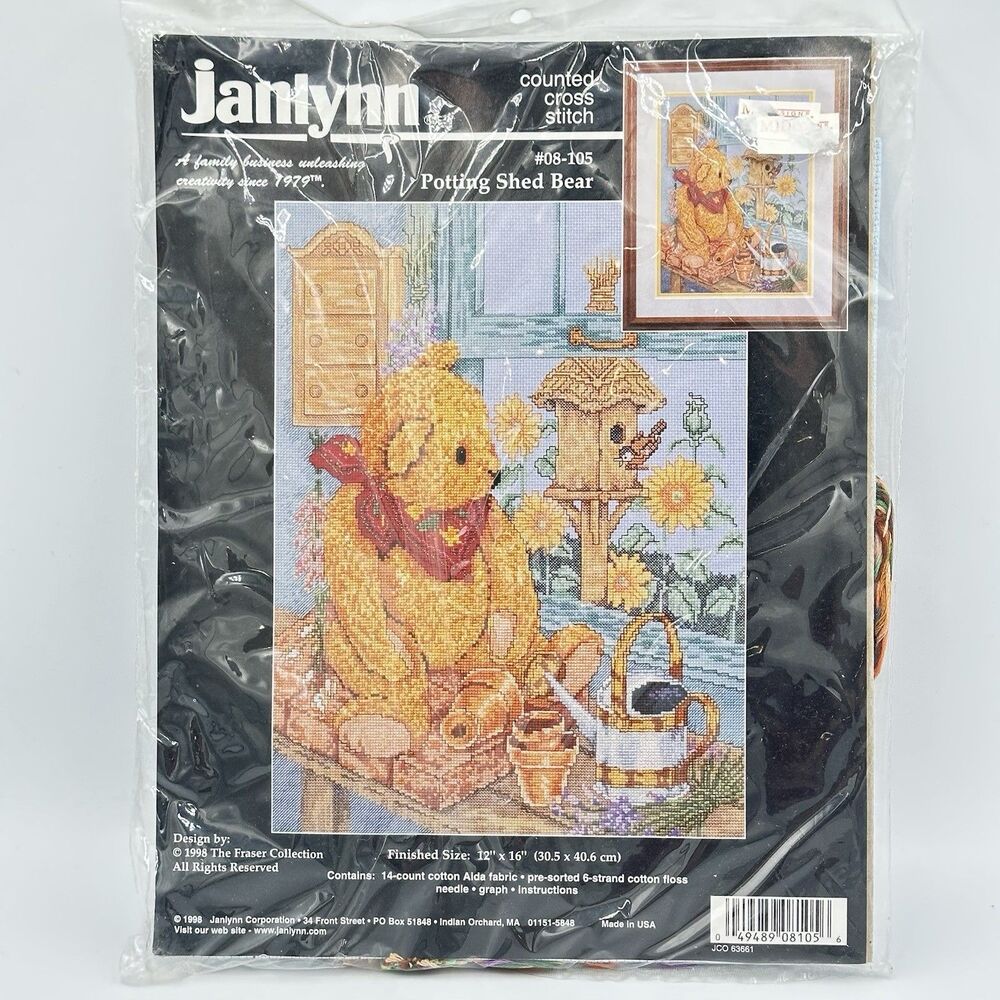 Vtg Janlynn Potting Shed Bear 12”x16” Counted Cross Stitch Kit Aida USA 1998